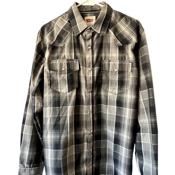 Levi's Men's Pearl Snap Shirt Size M Black White Gray Plaid Western Cowboy Work - Picture 1 of 10